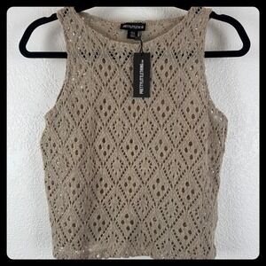 PRETTYLITTLETHING Boho Beige Crochet Knit Tank Top Sleeveless Burnout Festival